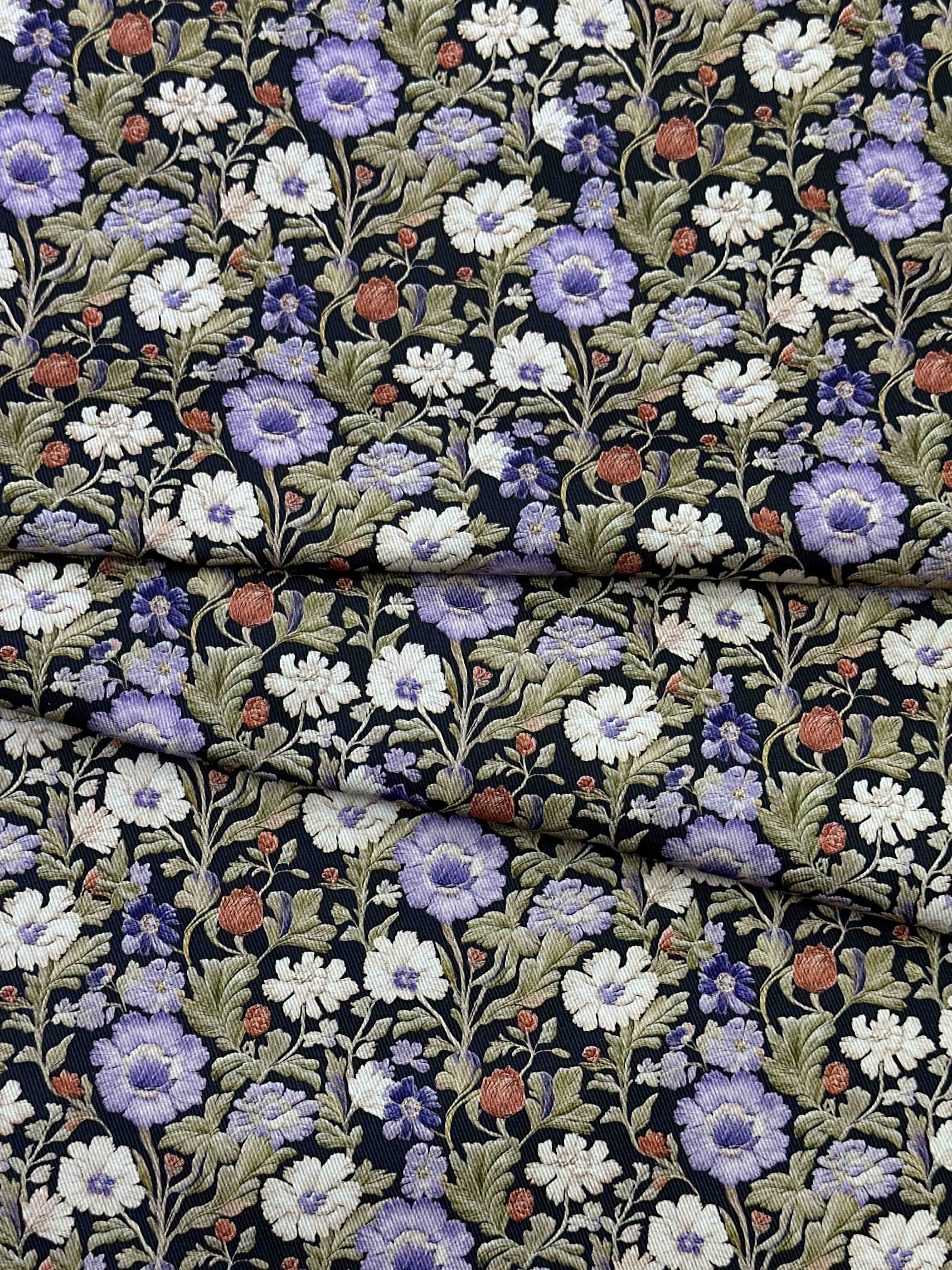 Ткань Джинса фиолетовый с принтом Цветочная вышивка  12723 1