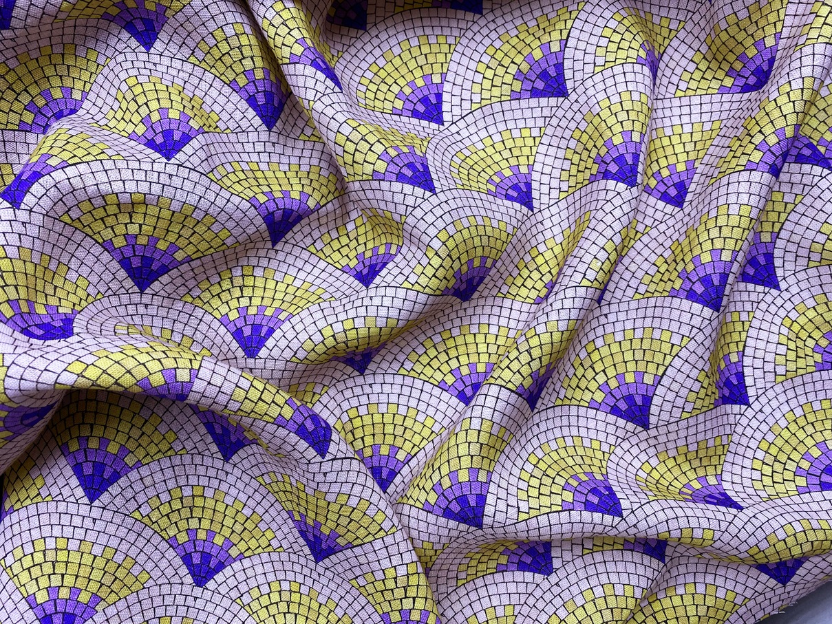 Ткань Лен сиренево-желтого цвета  с принтом  мозаика , веера 20265 3